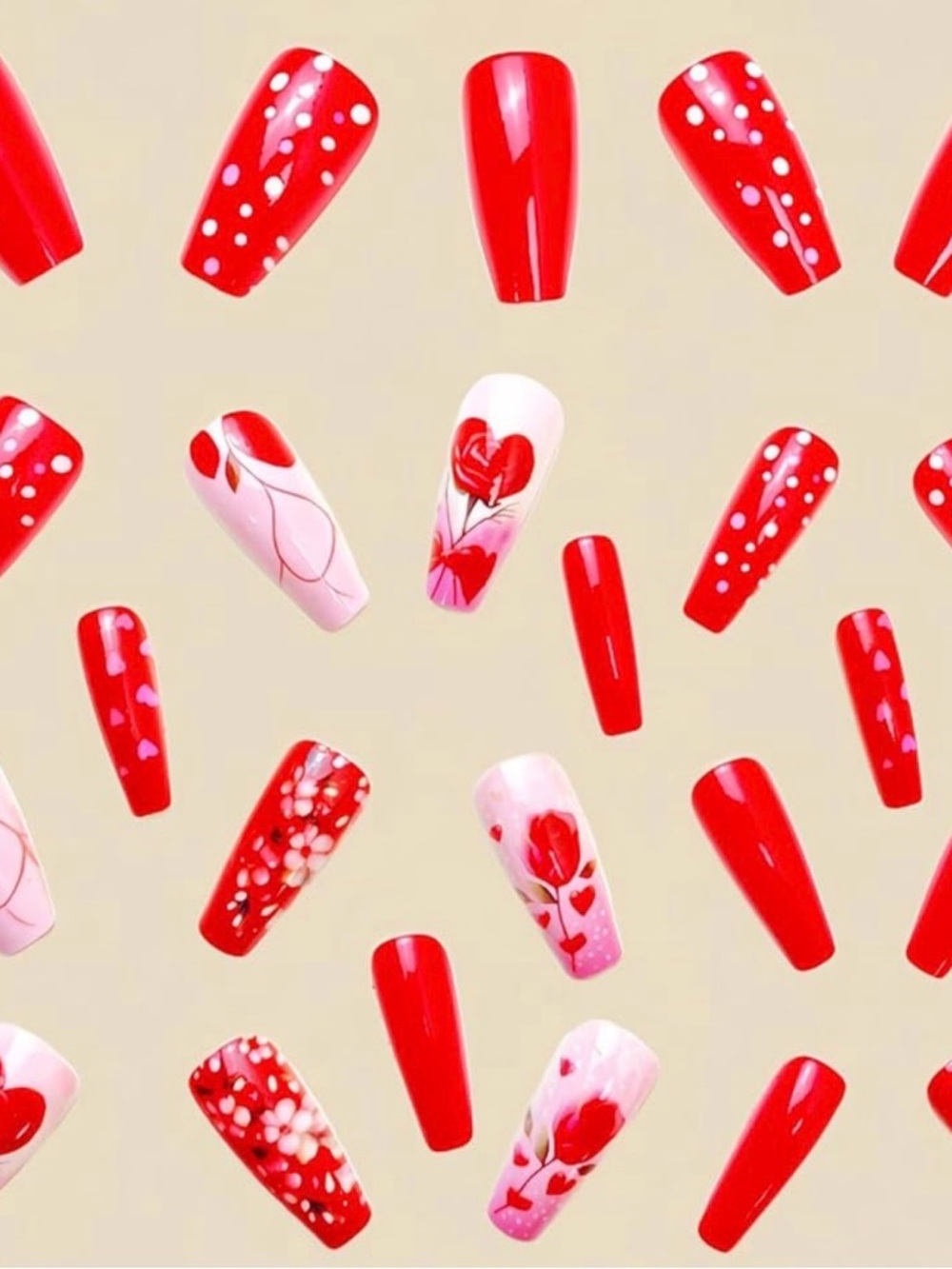 Medium Coffin Red Pink Press-On Nails with Rose Designs Glossy Valentines 24 Pcs - Picture 4 of 4